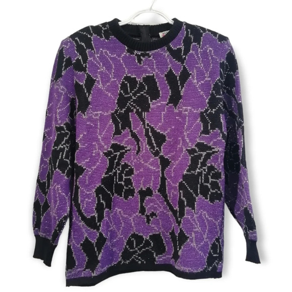 Vintage 80s D'Allairds Purple and Black Knit Metallic Floral Sweater Small - Picture 1 of 15